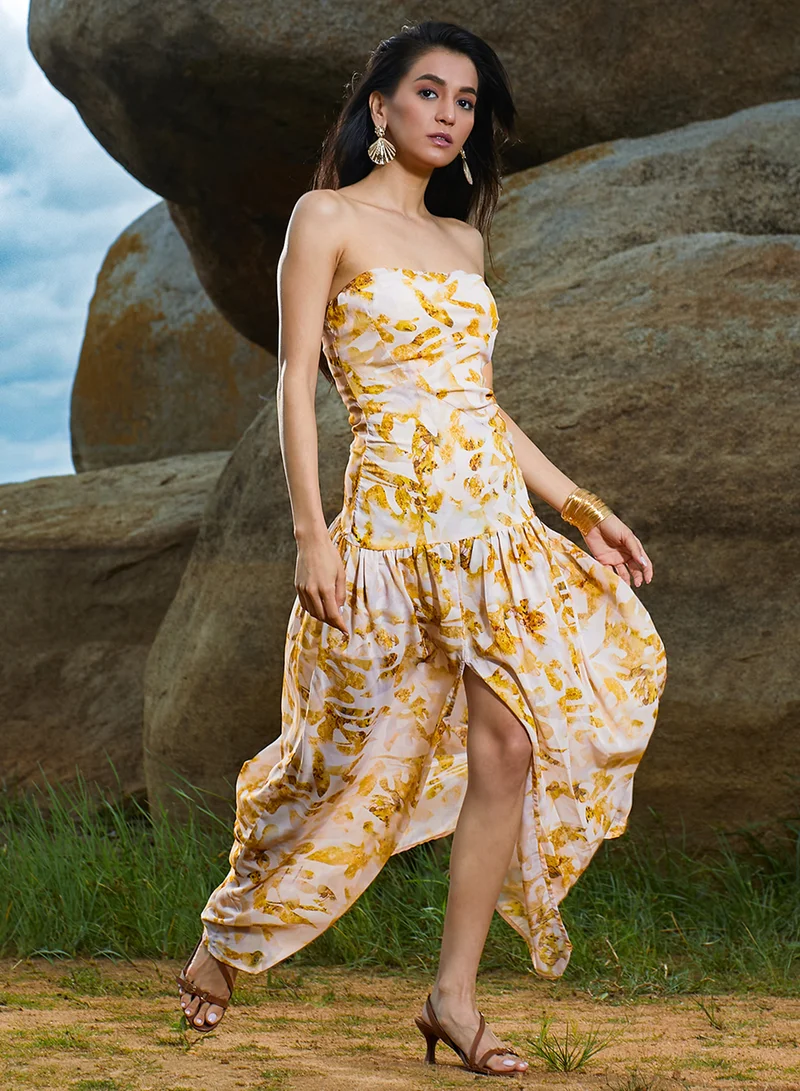 Pinacolada  Women's Mustard Yellow Blurry Bandeau Dress For Casual Wear | Off-Shoulder | Sleeveless | Pull On Closure | Dress Designed With Comfortable Fit For Woman & Girls for Women | Best Price UAE